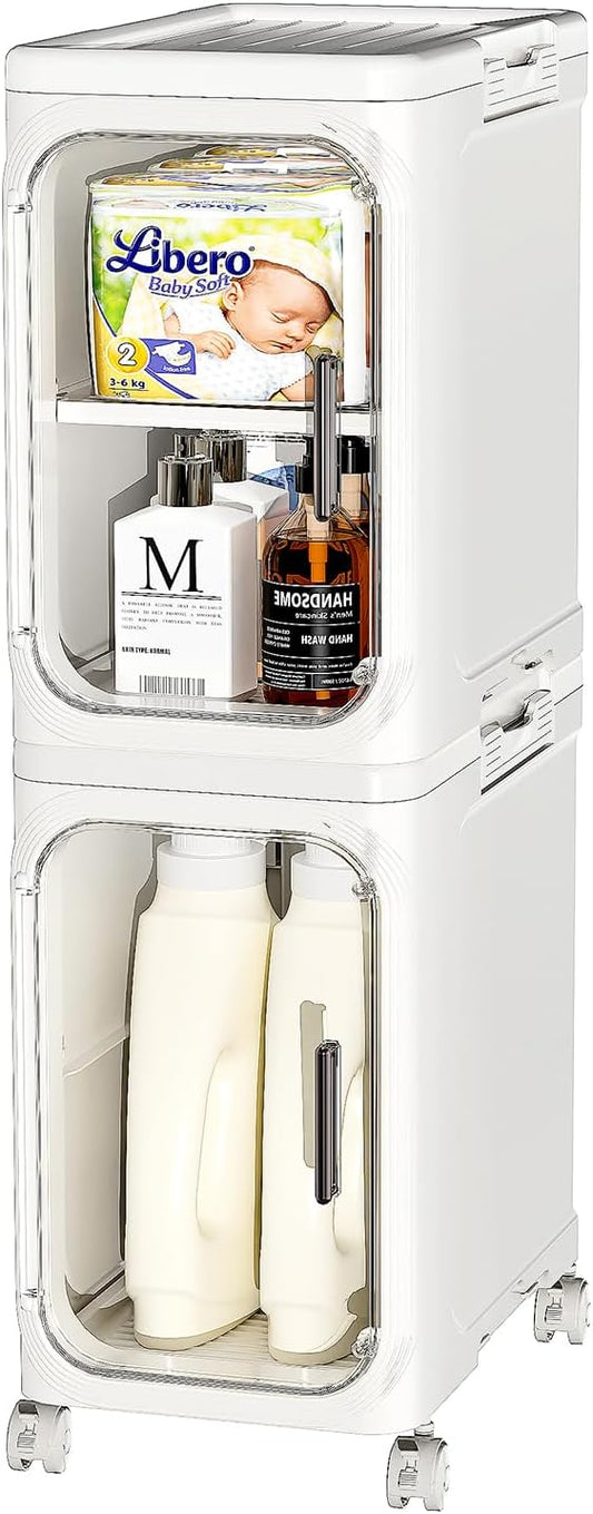 JOYZAN Narrow Bathroom Storage Cabinet with Movable Wheels, Slim Storage Cabinet with 2 Doors & Removable Panel, Skinny Bathroom Organizers and Storage for Small Space, Corner, Kitchen, Laundry