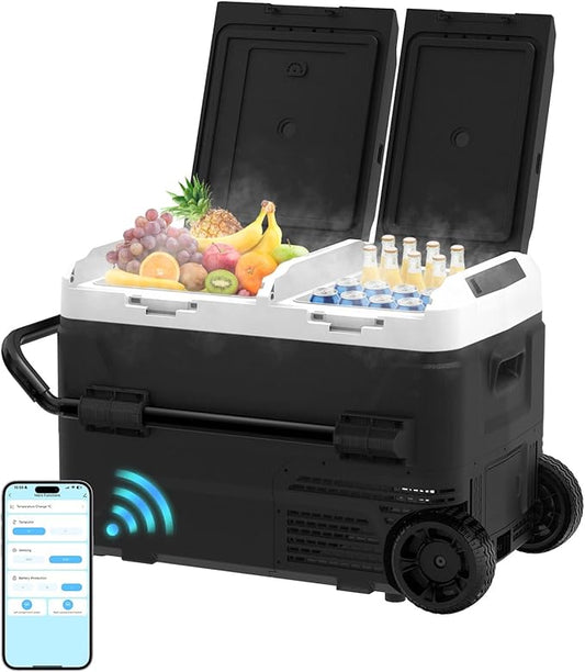 AS 12 Volt Refrigerator, 42QT(40L) Dual Temperature Zone Electric Cooler with Wheels, Portable Freezer 12V/24V DC 110-240V AC, -4℉-68℉ Car Fridge for Car, Marine, Home, Outdoor, etc