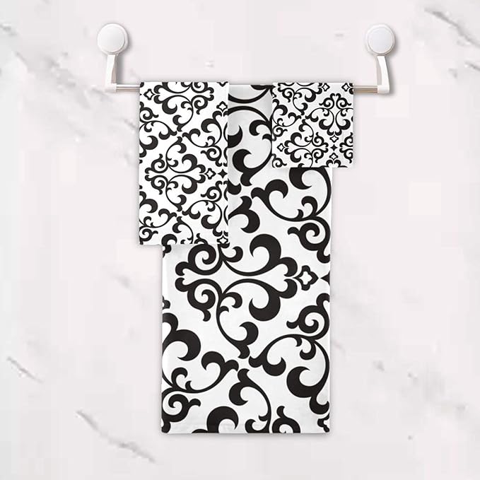3 Piece White Black Damask Pattern Bath Towel Set,Microfiber Decorative Damask Floral Modern Abstract Bathroom Towels,1 Bath Towel 1 Hand Towel for Bathroom Kitchen,1 Washcloth for Body Face