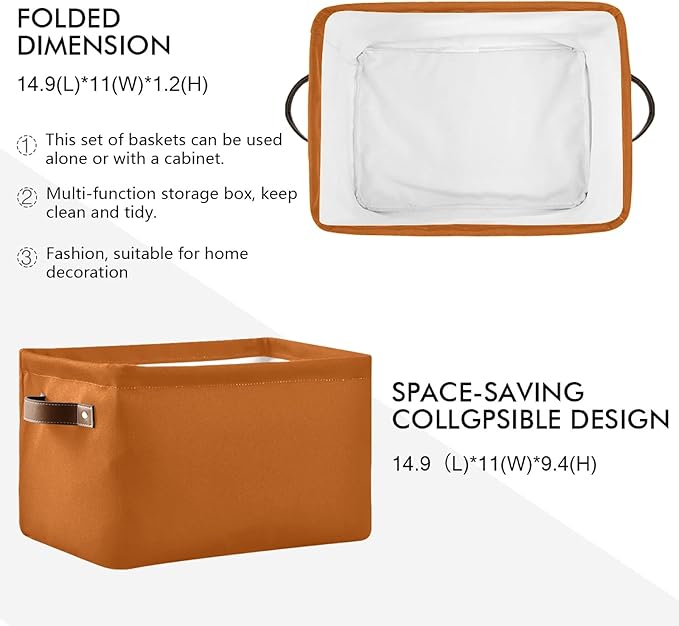 Storage Basket Plain Rust Orange Solid Color Storage Bin Cube with Handles Foldable Storage Baskets for Shelves Living Room Home Decor 1PC
