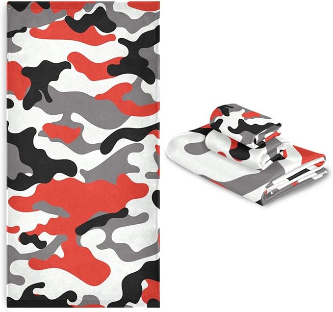 3 Piece Red Black Camo Bath Towels Set,Microfiber Decorative Camouflage Military Army Hunting Themed White Gray Bathroom Towels,1 Bath Towel 1 Hand Towel for Kitchen,1 Washcloth for Body Face