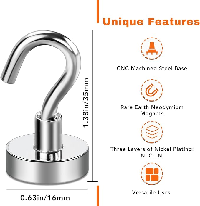 E BAVITE Magnetic Hooks 30LB for Cruise, Grill, Towel, Indoor Hanging, Kitchen, Workplace, Office and Garage - 6 Pack