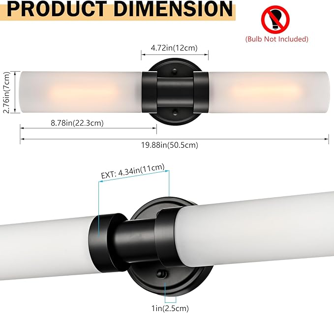 Modern Black Glass Wall Sconce 2-Light Cylinder Bathroom Wall Light Fixtures 20-Inch Frosted Glass Sconces Wall Lighting for Bedroom Living Room Hallway