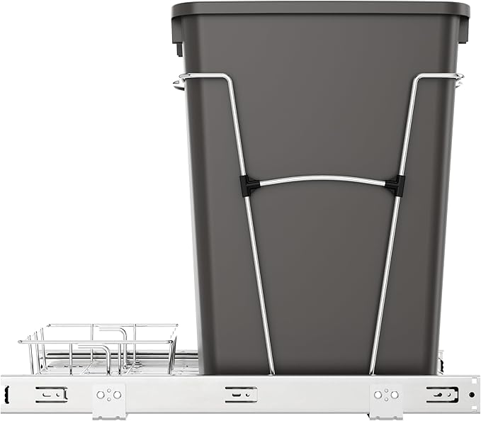 Rev-A-Shelf Pullout Trash Can for Kitchen Cabinets 35 Qt Garbage Waste Recycling Bin with Full Extension Slides, Orion Gray, RV-12KD-13C-S