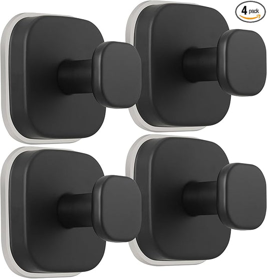 Suction Cup Hooks for Shower - Reusable No-Drill Mounting - Hooks for Towels, Robes & Loofah on Metal, Glass, Mirrors, Tile & Smooth Non-Porous Surfaces (4, Matte Black)