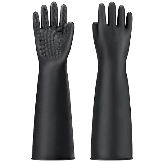 XXL 22" Black Protective Gloves for Washing Dishes, Thick Chemical Resistant Rubber Gloves Heavy Duty Safety Work Cleaning, Waterproof, Acid/Alkali/Oil Resistant, Non-Slip Diamond Grip, 1 Pair