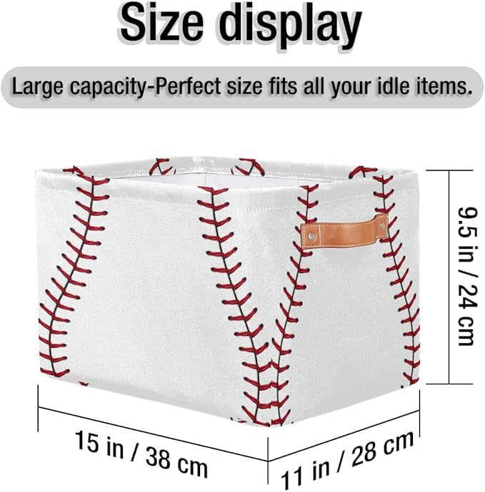 Pardick 2Pack Sports Baseball Print Large Collapsible Storage Bins,Sports Basket Decorative Canvas Fabric Storage Boxes with Handles,Rectangular Shelves Baskets Box for Home Office Nursery Closet