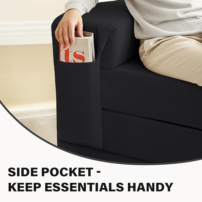 Tiita Folding Sofa Bed Chair, 4-Fold Convertible Sleeper Chair with Lumbar Pillow, Washable Cover & Side Pocket, Floor Couch Bed with Raised Seat, Single Size for Small Spaces, Black
