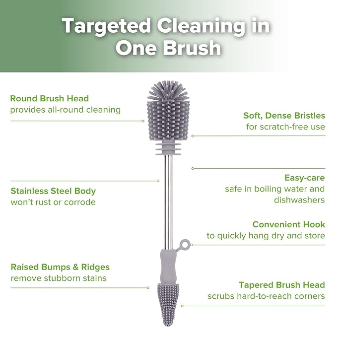 Silicone Cleaning Brush - Baby Bottle Brush Cleaner for Breast Pump,Nipple,Breast Milk Storage Bag - Food Grade Silicone - 1 Count - Grey
