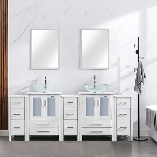 eclife 84" Modern Bathroom Vanity Sink Combo Freestanding Cabinet with Small Side Cabinet, Clear Round Glass Vessel Sink, Water Save Faucet, Drain (White+A16)