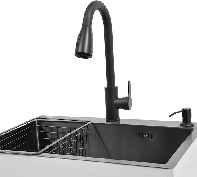 Laundry Sink Cabinet with Pull-Out Faucet, Stainless Steel Freestanding Utility Room Sink with Cabinet Utility Tub for Bathroom Laundry Room Kitchen (23.62x17.72in White)