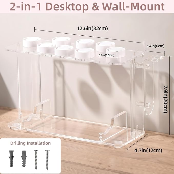 Dyson Airwrap Holder, Dyson Airwrap Wall Mount Clear Acrylic Organizer, Shark Hair Dryer Holder Stand with 8 Slots Cord Hook, Heat-Resistant Storage for Bathroom/Vanity UEMUSI