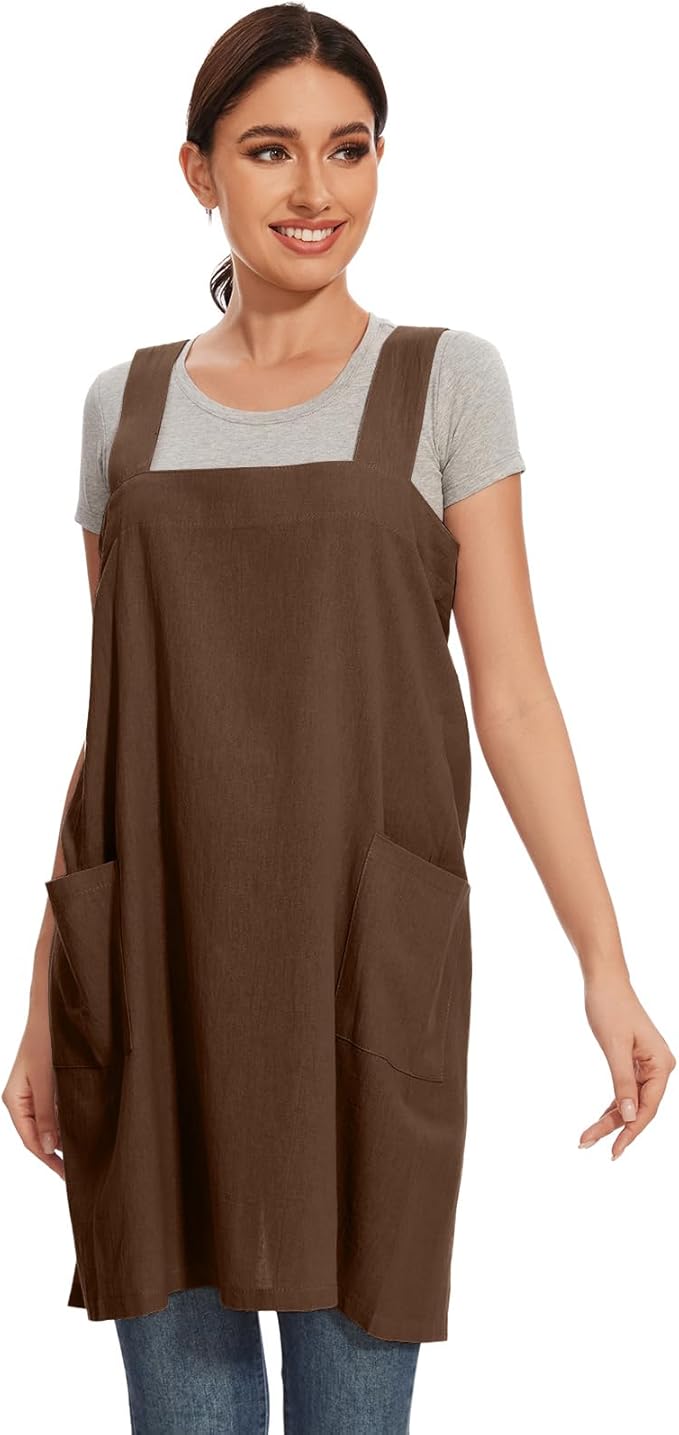 Women Apron with 2 Pockets Cotton Linen Kitchen Baking Cooking Chef Cross Back Pinafore Dress