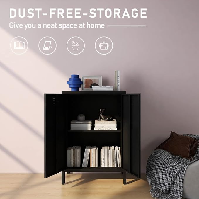 Black Metal Locker Storage Accent Cabinets with 2 Adjustable Shelves, 3 Tier Metal Storage Cabinet with Legs, Steel Cupboard Lockers for Kids Bedroom, Home, Office, Entryway, Kitchen