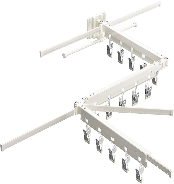 Clothes Drying Rack,2025 New Upgraded Laundry Drying Rack, Sturdy Wall Mounted Clothes Rack,with Additional 4 Branches and 20 Clips,Collapsible,Retractable,Ideal for Patio,Laundry,Bathroom