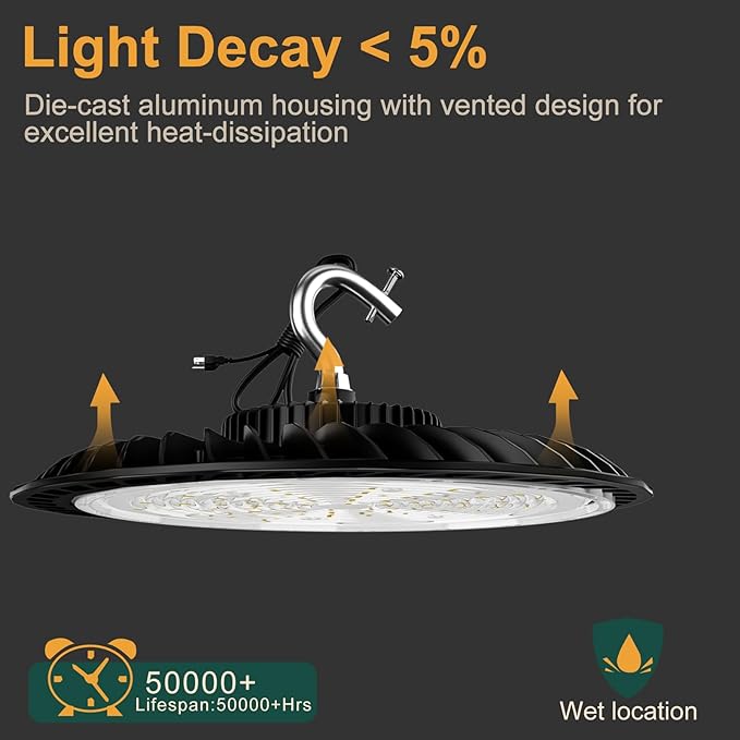 350W LED High Bay Light 5000K Daylight UFO Commercial Bay Light, AC100-277V 52500LM (1400W MH/HPS) High Bay LED Shop Lights, Plug and US Hook Included 𝟓𝐘𝐞𝐚𝐫𝐬 𝐖𝐚𝐫𝐫𝐚𝐧𝐭𝐲-6Pack