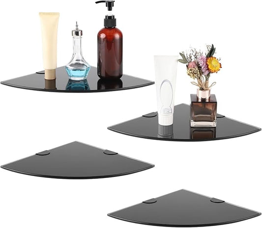 4 PCS Corner Glass Shower Caddy, Thick Tempered Glass Wall Mount Corner Shelves with Metal Brackets Screws, Space Saving Bathroom Organizer for Shampoo Toiletries Kitchen Living Room