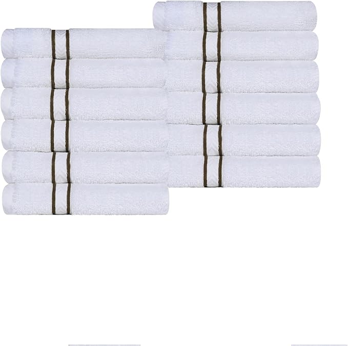 Superior Hotel Turkish Cotton 12 Piece Face Towel Set, Ultra Plush Spa Quality Heavyweight Essentials for Skincare, Thick Absorbent and Soft, Dobby Border, Includes 12 Washcloths, Latte