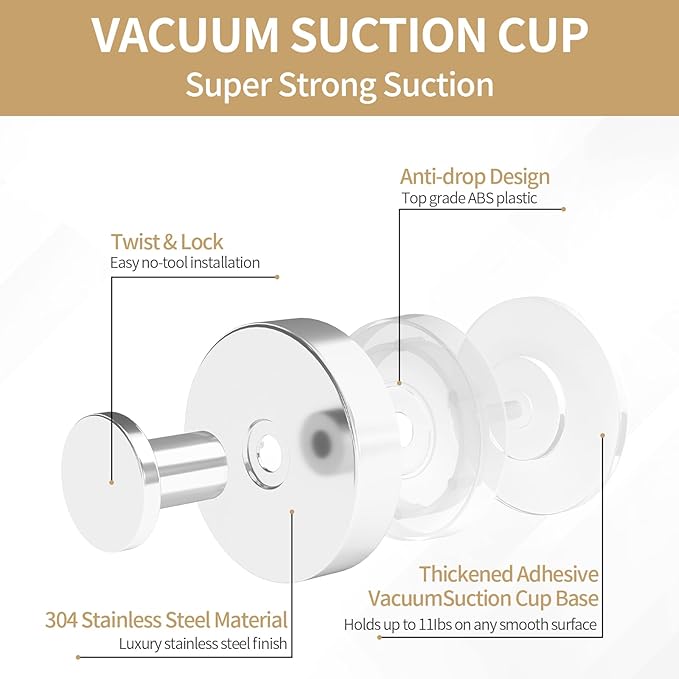 Suction Cup Hooks for Shower, Heavy Duty Towel Hooks for Walls No Damage, Modern Shower Suction Hooks for Kitchen Bathroom Wall, Glass, Mirror, Tile, Hanging Towels Robes, Chrome (4 Pack)