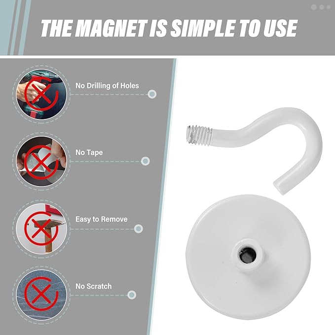 Neosmuk Magnetic Hooks Heavy Duty, Strong Magnet with Hook for Fridge, Super Neodymium Extra Strength Industrial Hooks for Hanging, Magnetic Hanger for Toolbox, Cruise, Grill(White,4 Pack)