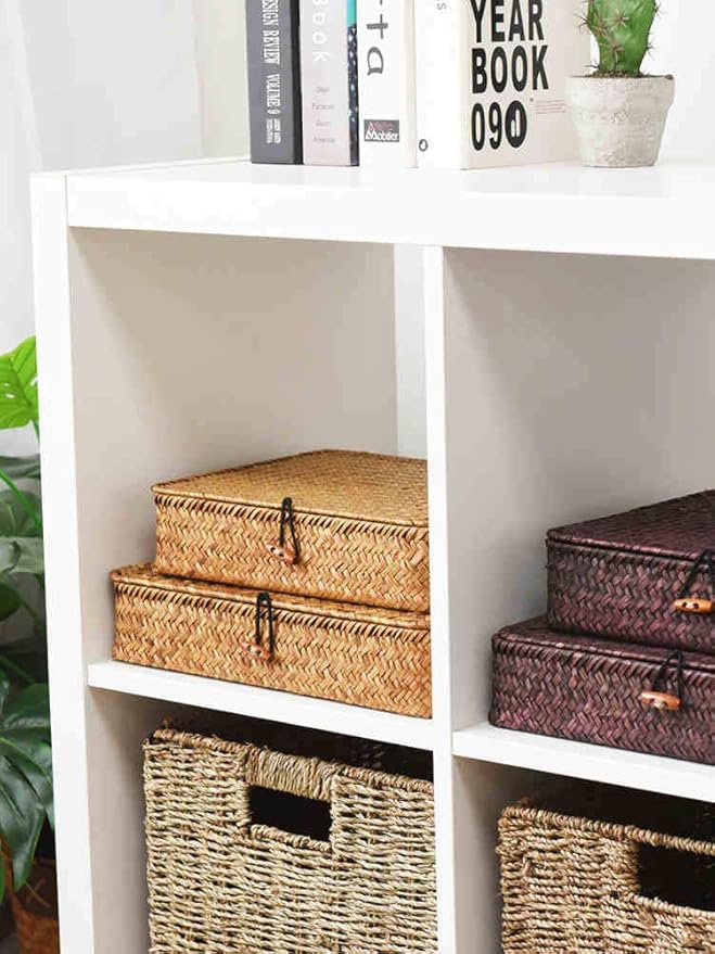 DOKOT Flat Seagrass Storage Bins with Lid, Wicker Basket for Shelf Organize, Set of 2 (Small+Large)