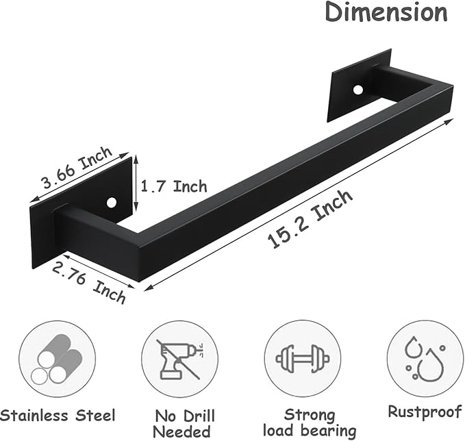 Bathroom Towel Bar Self Adhesive, No Drilling Towel Rack Easy to Install, Hand Towel Holder Made of Premium Stainless Steel Sticky on Hand Towel Hanger for Kitchen, Toilet.(16IN, Black)