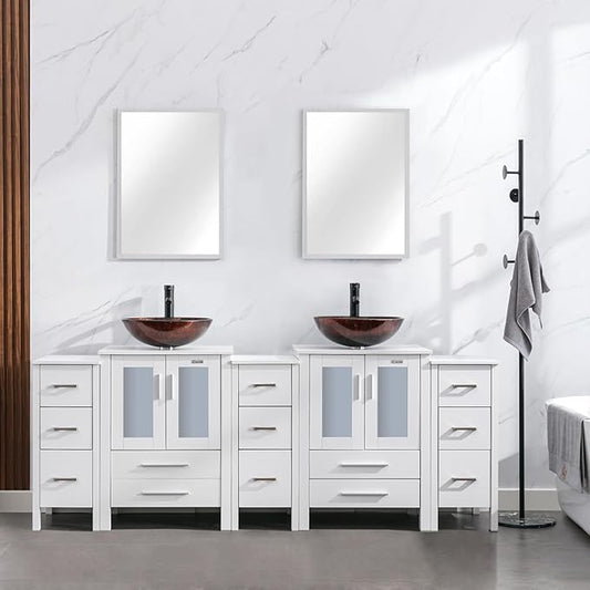 eclife 84" Modern Bathroom Vanity Sink Combo Freestanding Cabinet with Small Side Cabinet, Brown Round Glass Vessel Sink, Water Save Faucet, Drain (White+A09)