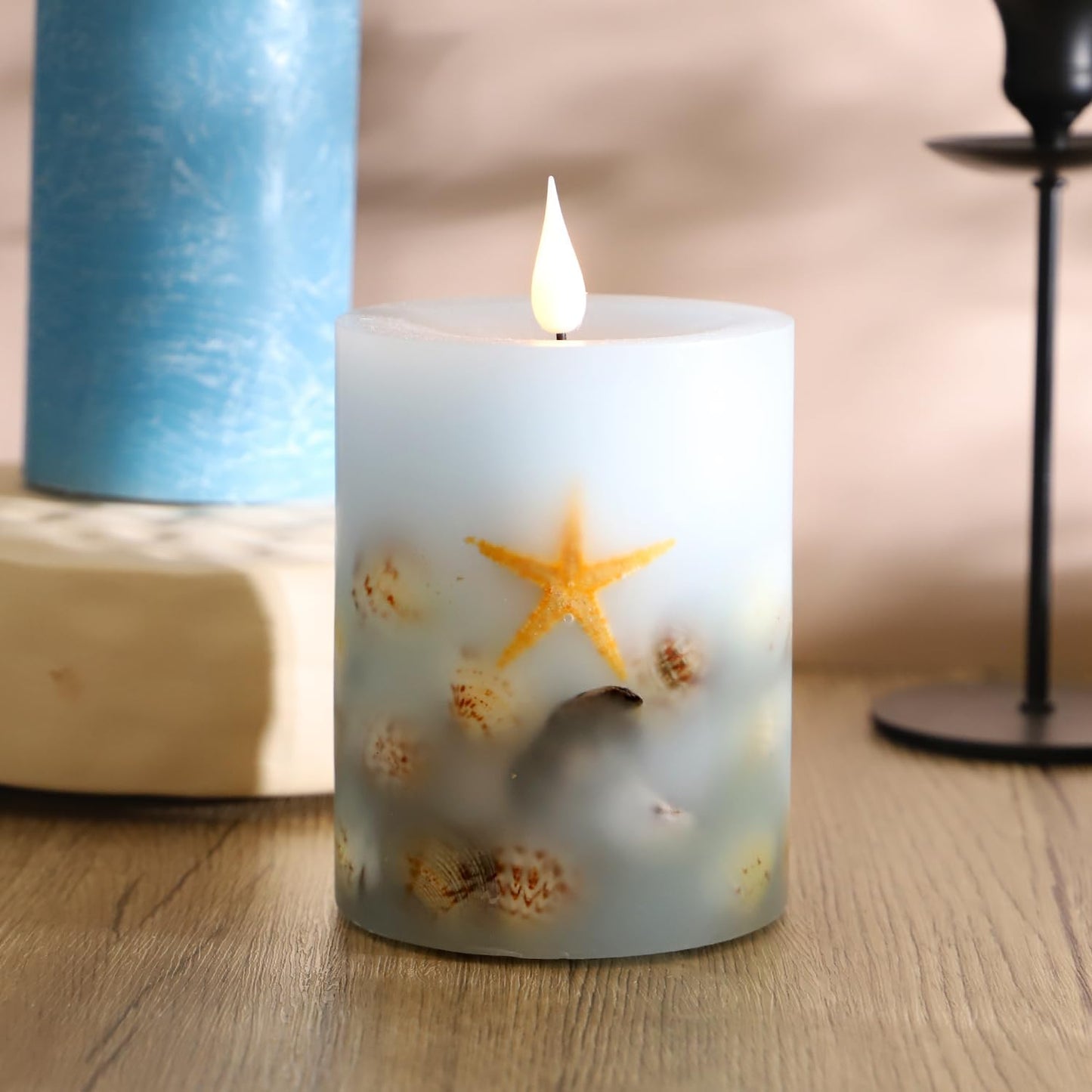 Ocean Seashell Flameless Candle – Real Wax with Natural Seashells & Starfish