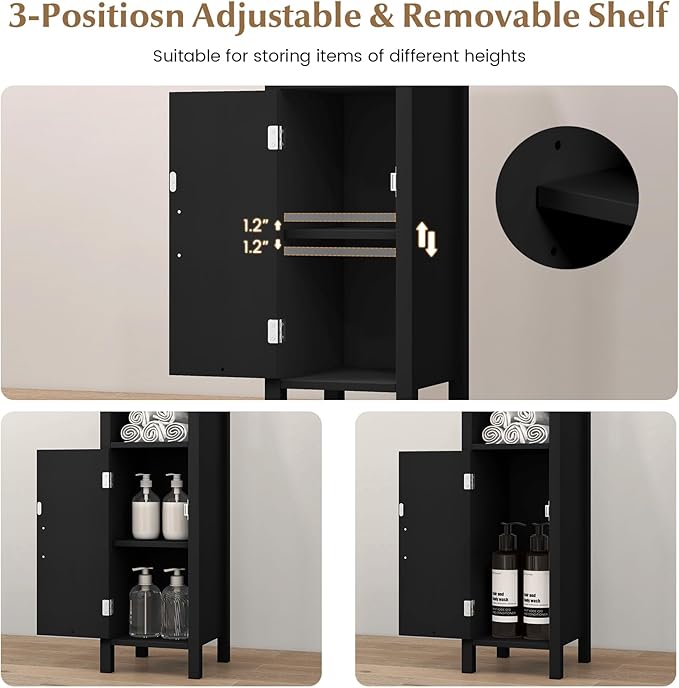 HAPPYGRILL Bathroom Floor Cabinet, Narrow Organizer Console Table Nightstand w/Adjustable Inner Shelves, Freestanding Storage Cabinet for Living Room Kitchen Entryway (Black)