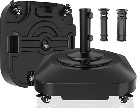 Umbrella Base,Heavy Duty Patio Umbrella Stand with 5 Wheels, Max 180lb Fillable Umbrella Holder Wind-Resistant, Mobile Square Market Stand for Outdoor, Deck, Lawn, Fits Most Sized Umbrellas (21 in)