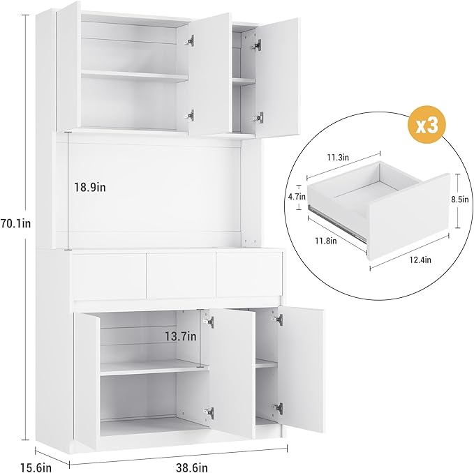 71" Tall Kitchen Pantry Cabinet, Adjustable Shelves & Doors and Three Drawers, Microwave Shelf, Coffee Bar with LED Lights & Charging Station, Corner Storage Hutch for Living Room, White