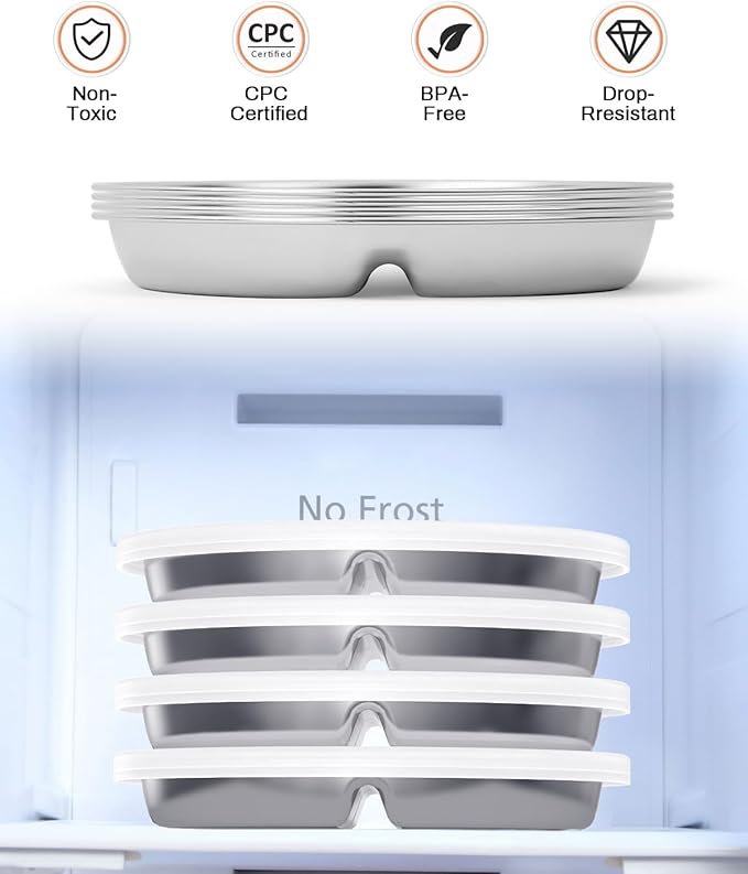 Stainless Steel Kids Plates with Lid 4 Packs, Deepened 9" Portion Control Plate Divided Plate for Adults Bariatric Weight Loss & Diabetic Diet, Non Toxic Unbreakable Toddlers Lunch Dishes