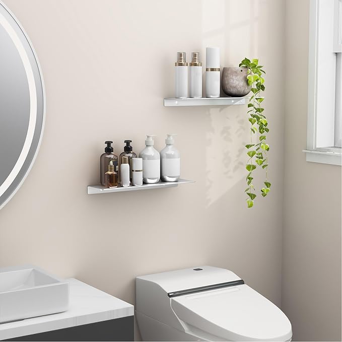 Danpoo Adhesive Floating Shelves for Wall Storage, Metal Wall Shelves for Living Room, Bathroom, Kitchen, 16” Display Shelves for Collectibles(Silver, 2 PCS)