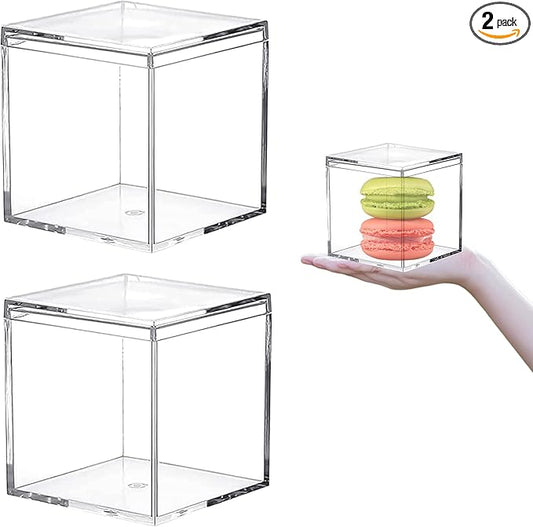 KissYou Acrylic Box with Lid 2 Packs Clear Display Boxes Stackable Storage Bins Plastic Square Cube for Cookie Candy Birthday Party