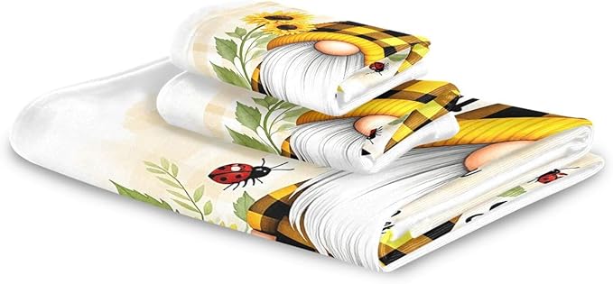 Gnome Sunflower Flowers Towels Set of 3 Bee Plaid Spring Bathroom Towel Soft Absorbent Bath Hand Towels Washcloth Guest Towel Sets Bathroom Decorations