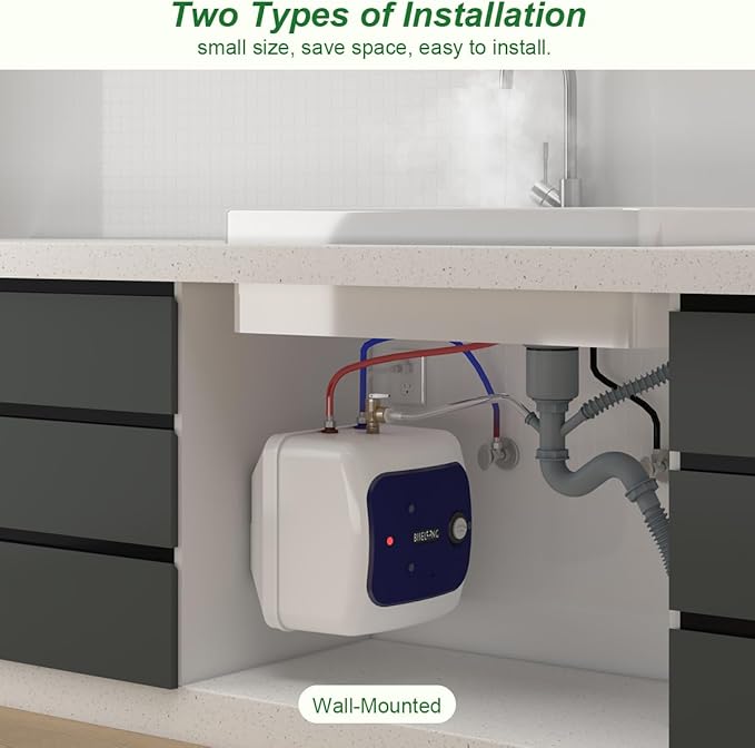 110V-120V 1500W Small Instant ElectricTank 4 Gallon Storage Hot Water Heater, Kitchen Under Sink Cabinet RV Trailer, Easy to Install,2 PCs 16” Long 1/2”FIP Stainless Steel Hose15L