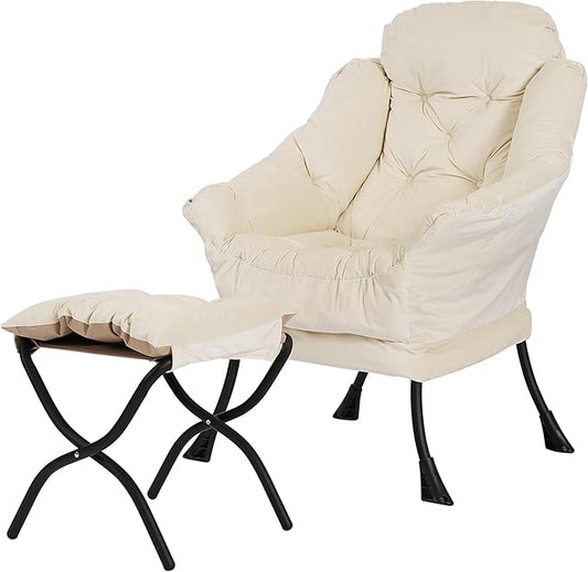 Kokel Lazy Chair with Folding Ottoman,Living Room Chairs, Accent Contemporary Lounge Chair, Single Steel Frame Leisure Sofa Chair with Armrests and A Side Pocket (White)