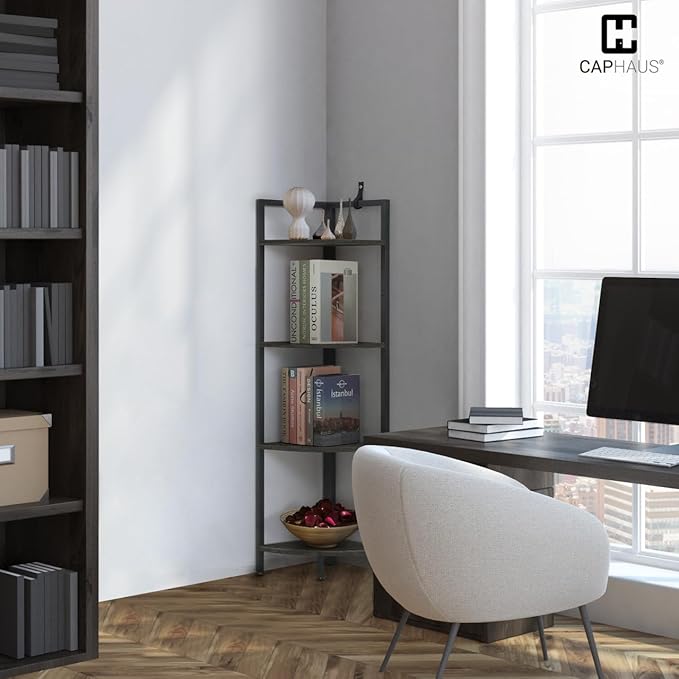 CAPHAUS 4 Tier Corner Shelf - 46.5-Inch Tall Black Metal Corner Bookcase, Small Display Stand for Bathroom, Living Room, Home, Office