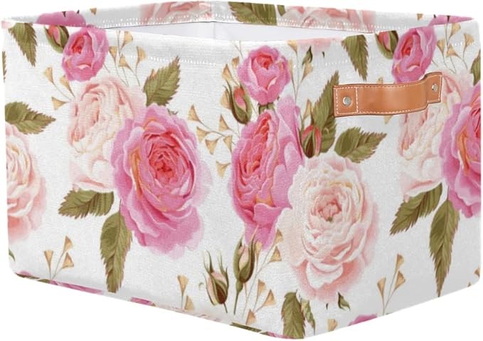 Pardick 2Pack Floral Flower Rose Large Collapsible Storage Bins,Pink Roses Decorative Canvas Fabric Storage Boxes Organizer with Handles，Rectangular Shelves Baskets Box for Home Office Nursery Closet