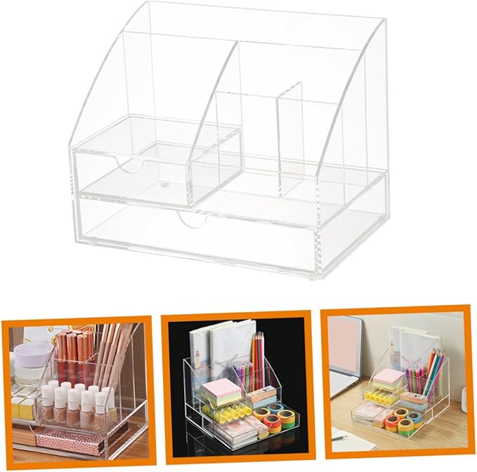 DECHOUS Desktop Acrylic Organizer with Drawer Transparent Multi-compartment Storage Case for Office Supplies Makeup and Items for Use