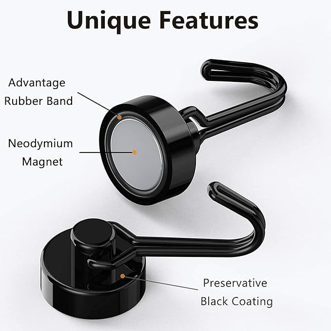 Donanim 8 Pack Magnetic Hooks, 30LBS Neodymium Strong Black Magnets Hook Heavy Duty for Indoor Outdoor Hanging, Refrigerator, Grill, Kitchen Kitchen Tools Hanging