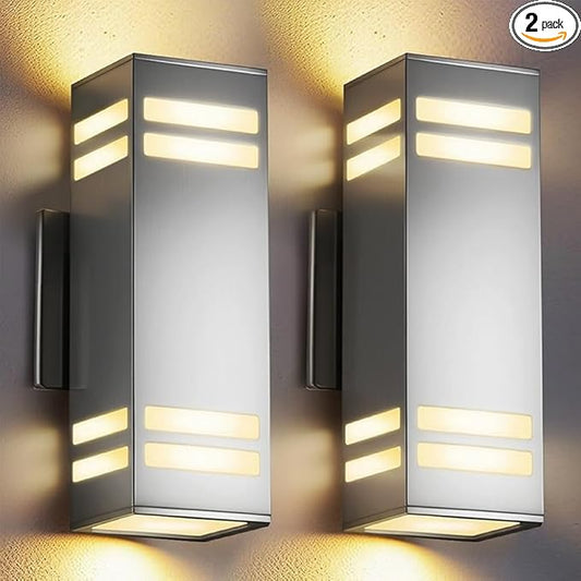 Dusk to Dawn Outdoor Lighting 2 Pack, Up and Down Lights Stainless Steel Exterior Light Fixture with Photocell Sensor, Waterproof Modern Outside Lights for House Garage Porch, LED Bulbs Included