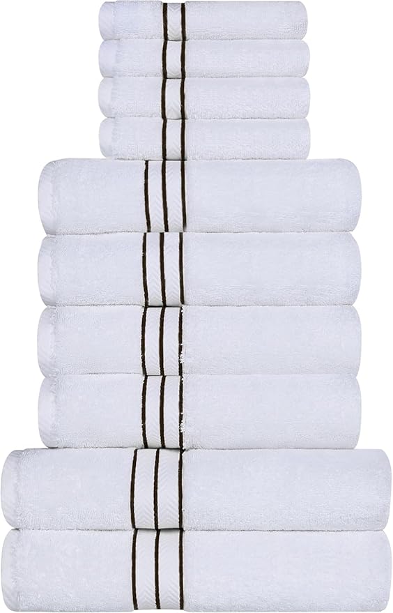 Superior Hotel Turkish Cotton 10 Piece Towel Set, Ultra Plush Spa Quality Heavyweight Essentials for Bathroom, Thick Absorbent and Soft, Dobby Border, Includes 2 Bath 4 Hand 4 Washcloths, Black