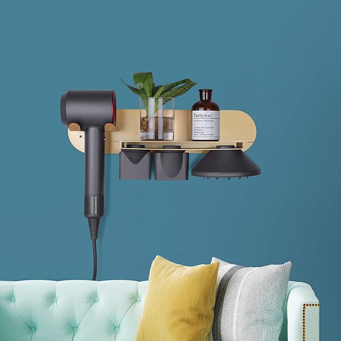 FLE Hair Dryer Holder Wall Mounted with Shelf - Hair Dryer Holder Rack Organizer Compatible for Dyson Supersonic Hair Dryer,Gold