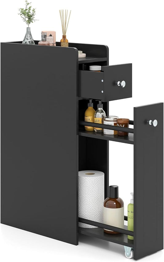 Giantex Slim Bathroom Storage Cabinet, Space-saving Toilet Side Cabinet with Slide-out Drawers on 3 Wheels, Freestanding Narrow Toilet Paper Holder for Living Room, Laundry Room, Compact Space (Black)