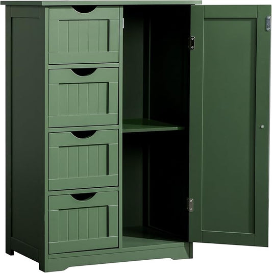 Karl home Freestanding Bathroom Floor Cabinet, Narrow Slim Skinny Storage Unit with 4 Drawers & 1 Cupboard, Towel Organizer for Bathroom, Compact Bath Storage, Forest Green