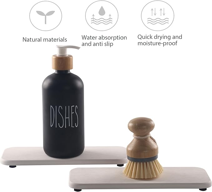 2 Pcs Water Absorbing Stone Trays, Kitchen/Bathroom Sink Soap Dish, Diatomite Tray Used for Hand Soap & Cosmetic Bottles in the Modern Home, 4" W x 9" L, White