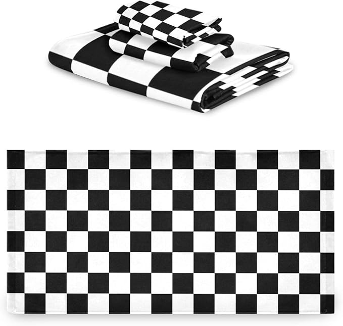 Black White Checkered Bath Towels Set, 3 Piece Geometric Checkerboard Towel Set(1 Bath Towel 1 Hand Towel 1 Washcloth), Absorbent Microfiber Modern Decorative Bathroom Towels for Hair, Face
