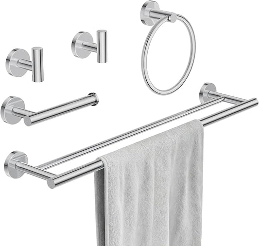 Bathroom Hardware Accessories Set 5 Pieces Polished Chrome 24" SUS 304 Stainless Steel Bath Double Towel Holder Bar Set Towel Rack Combination Wall Mounted for Kitchen, Laundry, Bedroom