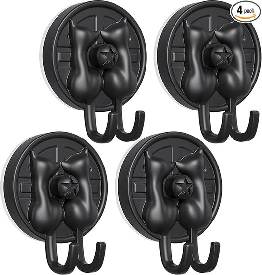 AST Cute Double-Cat Suction Cup Hook, 4 Pack, Heavy Duty Hooks, Upgraded Reliable Force of Both Adhesion and Vacuum, Wall Holders for Loofah, Towel, Coat and Bath Robe, Waterproof Hanger, Matte Black